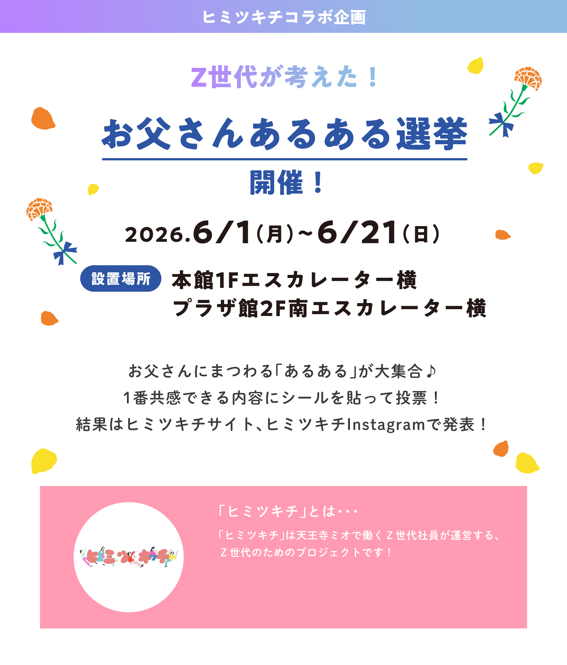 ヒミツキチコラボ企画 お母さんあるある選挙開催 お母さんにまつわるあるあるが大集合。一番共感できる内容にシールを貼って投票。結果はヒミツキチサイト、ヒミツキチInstagramで発表
