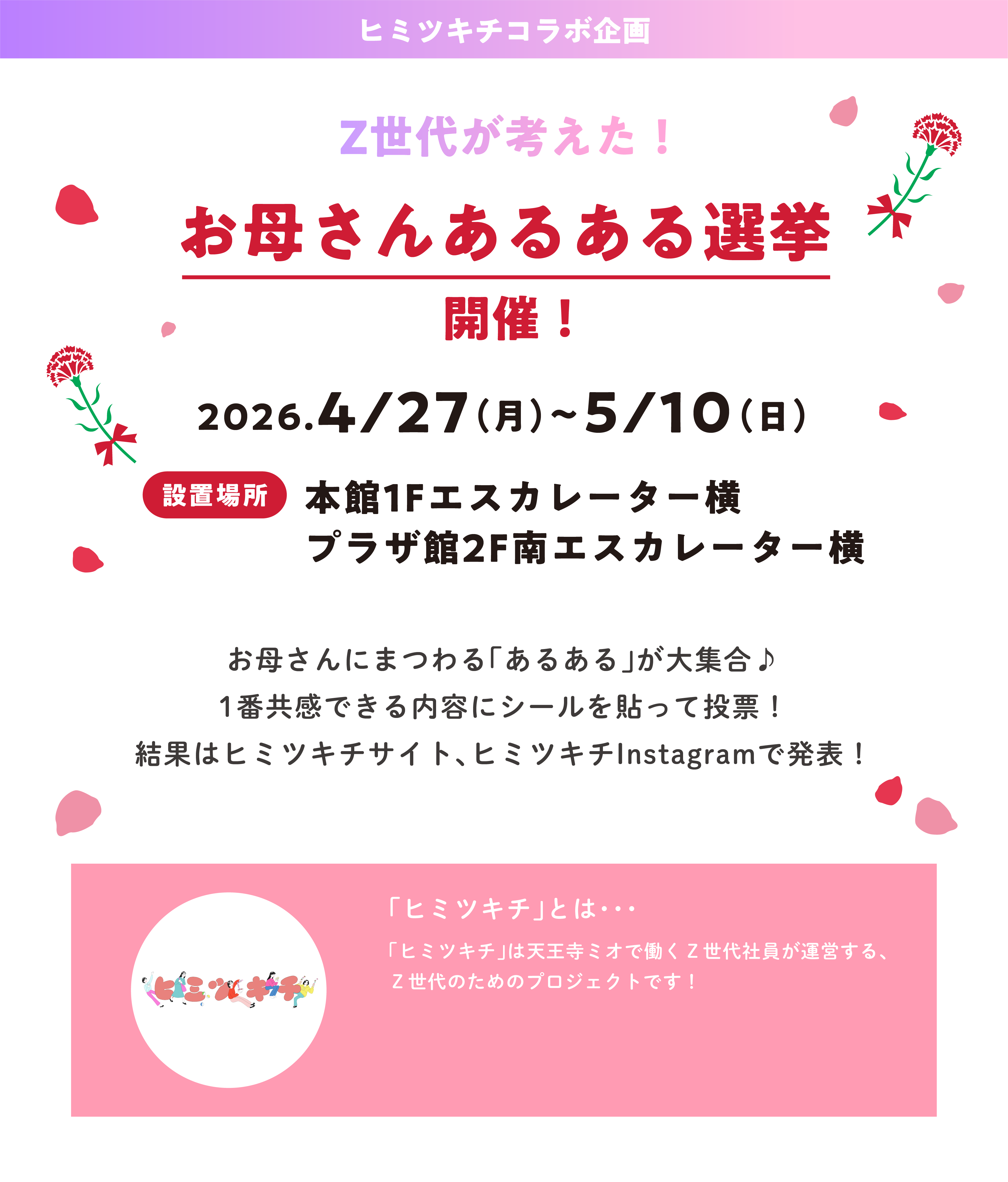 ヒミツキチコラボ企画 お母さんあるある選挙開催 お母さんにまつわるあるあるが大集合。一番共感できる内容にシールを貼って投票。結果はヒミツキチサイト、ヒミツキチInstagramで発表